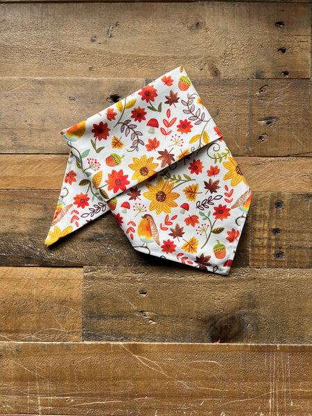 Fall Yellow orange and red Flowers Leaves and Birds pattern on a White Background dog bandana