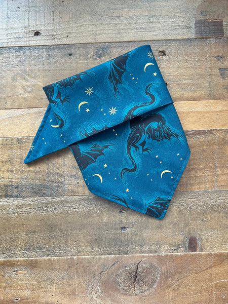 Black Dragons Dark Turquoise Background with metallic moons and stars Dog bandana
