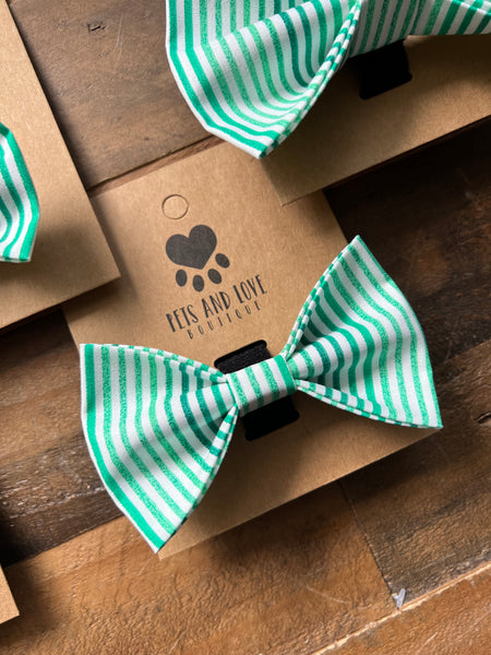 Green and White Stripes Dog Bow Tie