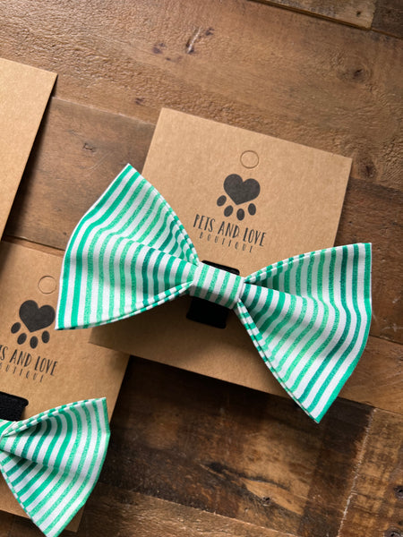Green and White Stripes Dog Bow Tie