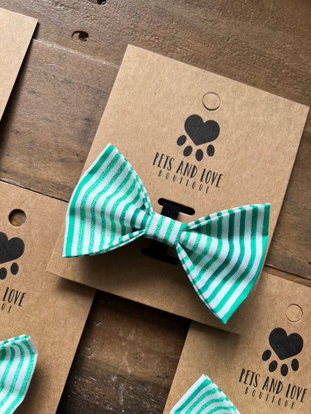 Green and White Stripes Dog Bow Tie