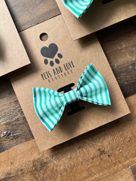 Green and White Stripes Dog Bow Tie