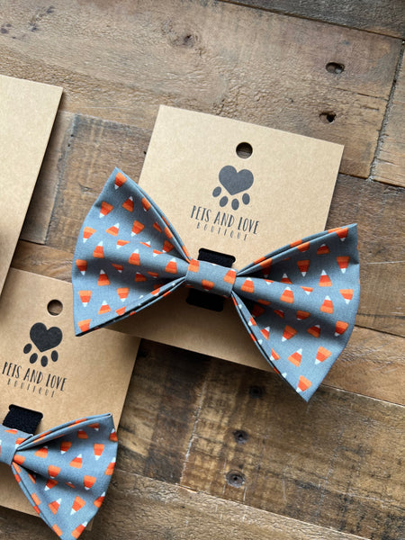 Gray background with tiny Candy corns pattern pet bow tie