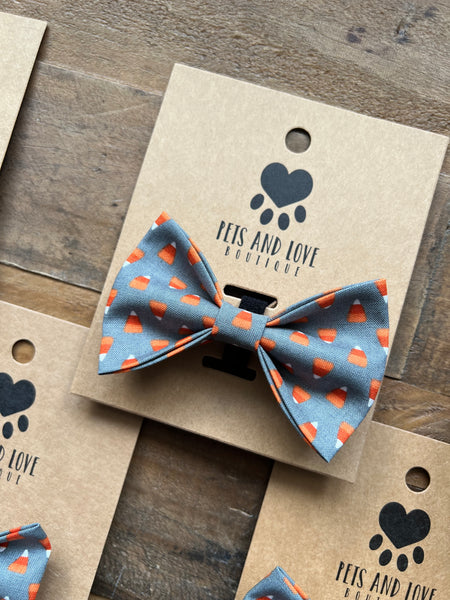 Gray background with tiny Candy corns pattern pet bow tie