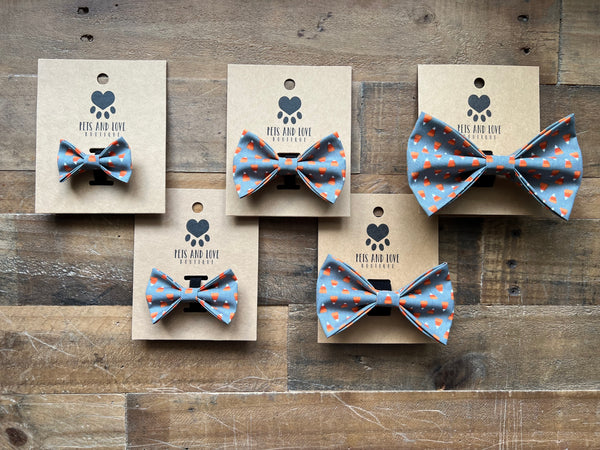 Gray background with tiny Candy corns pattern pet bow ties different sizes