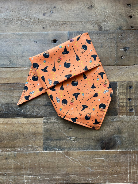 Witches Hats and Brooms Pattern on a Orange Background Dog Bandana
