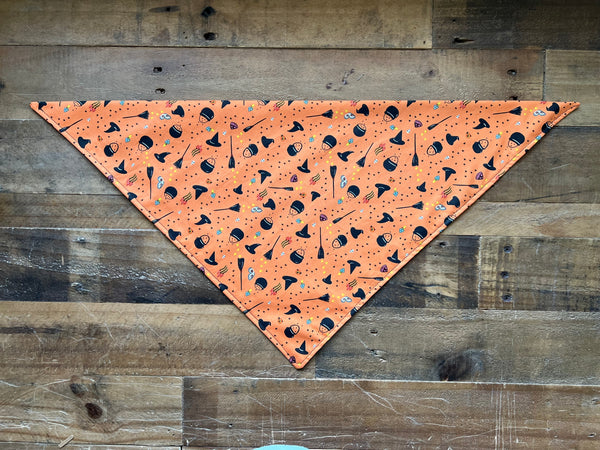 Witches Hats and Brooms Pattern on a Orange Background Dog Bandana