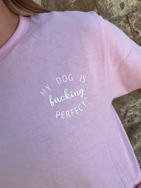 Pink t-shirt with text 'DOG IS MY FUCKING PERFECT' on a textured surface.