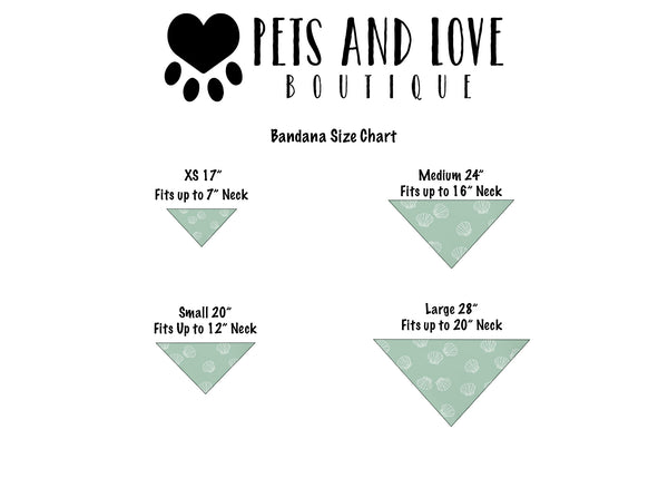 Bandana size chart for Pets and Love Boutique with green bandanas and neck measurements.