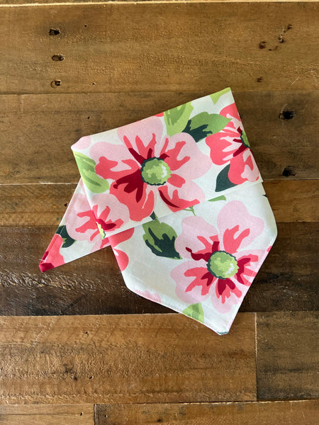 Large Pink Flowers on a white background dog bandana