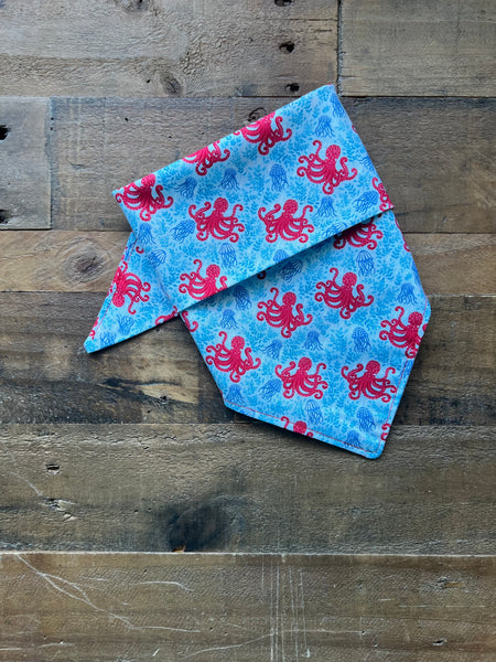 Red Octopus Dog Bandana Blue Jelly fish in Background