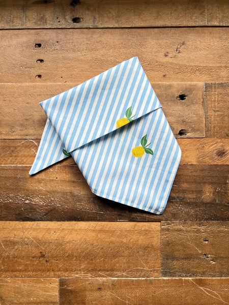Summer Lemons Dog Bandana Blue and White Stripes Background