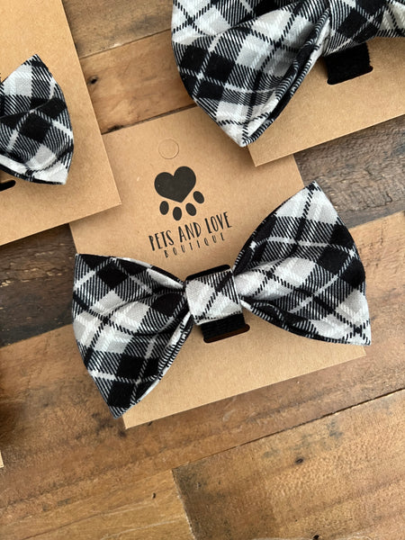 Fall Plaid Dog Bow Tie - Black and Grey